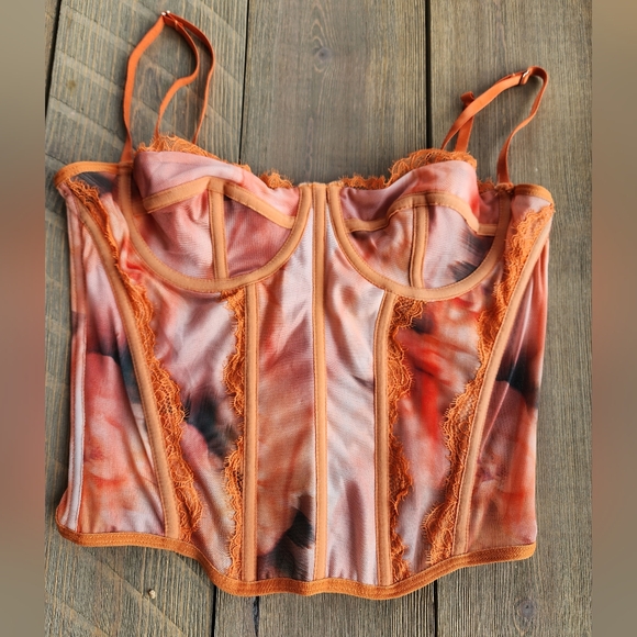 unknown Tops - Orange Colorful Sunset Tiw Die Corset Top Xs Unbranded